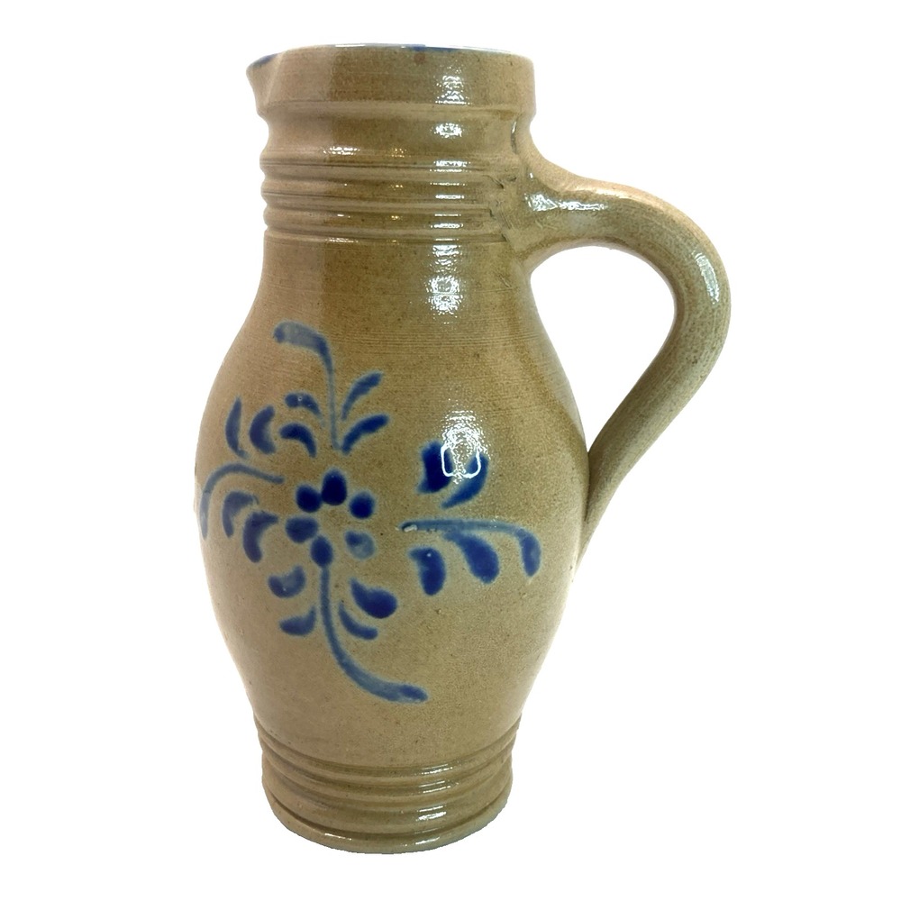 Vtg Handmade Salt Glaze Buttermilk Clay Pottery Pitcher 7.5" Blue‎ Flower